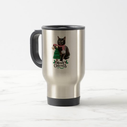 De opgewekte zwarte kat viert Kerstmis  Reisbeker (Voorkant links)