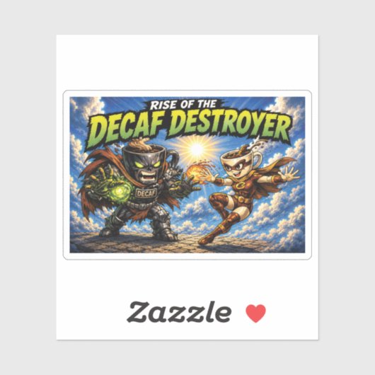 De Opkomst van de Decaf Destroyer Koffie Superheld Sticker (Vel)