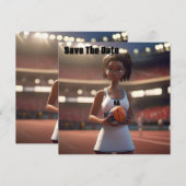 De opkomst van het bruine netball meisje save the date (Voorkant / Achterkant)