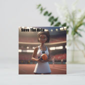 De opkomst van het bruine netball meisje save the date (Staand voorkant)