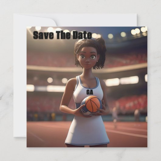 De opkomst van het bruine netball meisje save the date (Voorkant)