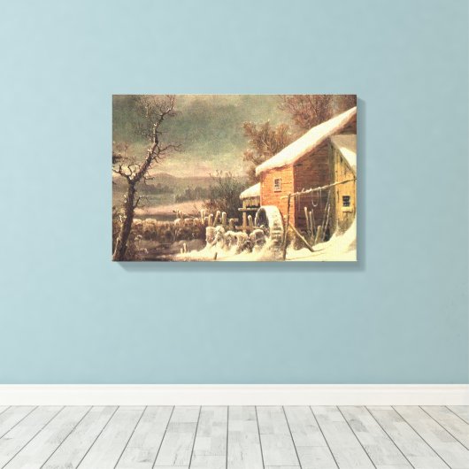 De oude molen in Winter Currier & Ives canvas prin (Insitu (Houten vloer))