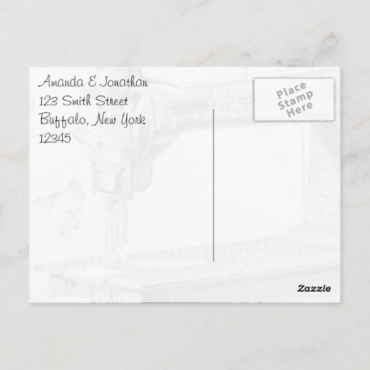 De oude  naaigmachine bedankt briefkaart (Achterkant)