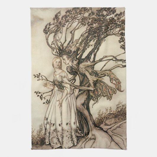 De oude vrouw in het bos door Arthur Rackham Theedoek (Verticaal)