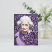 De oudere vrouw en paarse vlinders briefkaart (Staand voorkant)