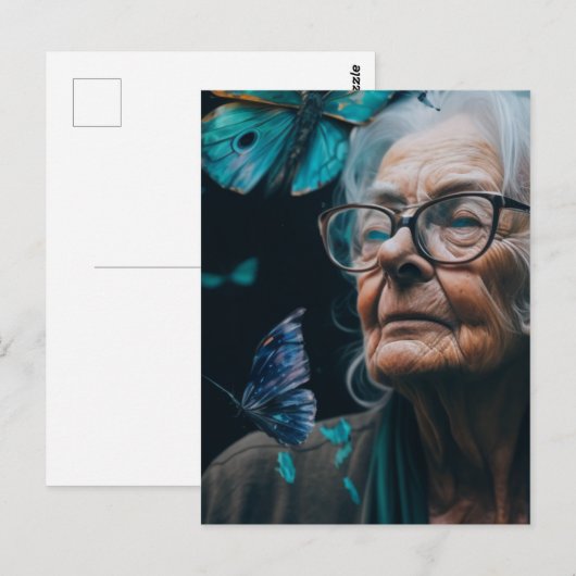 De oudere vrouw met blauw Briefkaart op botervlieg (Voorkant / Achterkant)