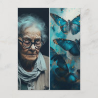 De oudere vrouw met blauw Briefkaart op botervlieg