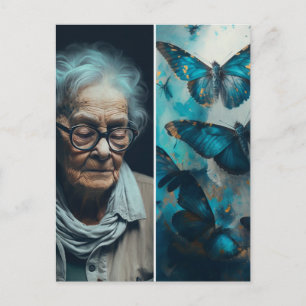 De oudere vrouw met blauw Briefkaart op botervlieg