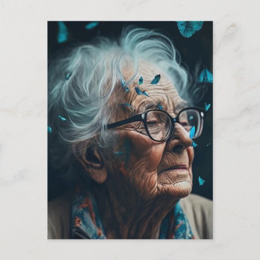 De oudere vrouw met blauw Briefkaart op botervlieg (Voorkant)