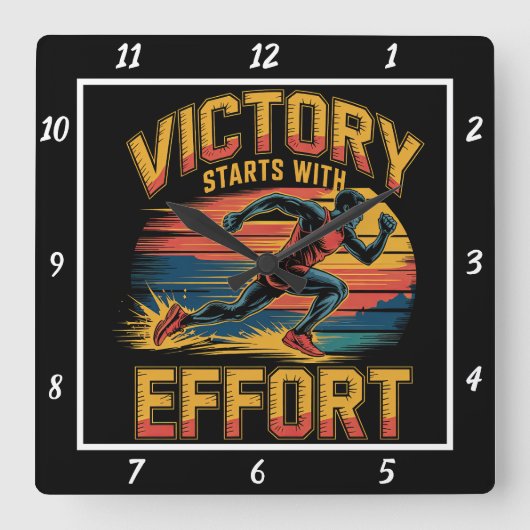 De overwinning begint bij de Effort Runner Vierkante Klok (Voorkant)