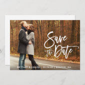 De paar Foto bewaart de het manuscriptkaart van de Save The Date (Voorkant / Achterkant)
