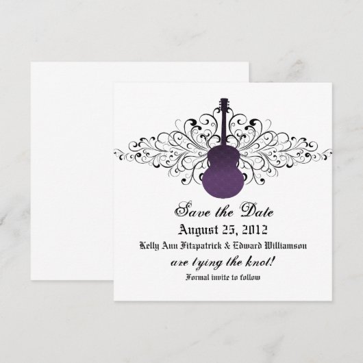 De Paarse gitaar bewaart de Datum uitnodigen Save The Date (Voorkant / Achterkant)
