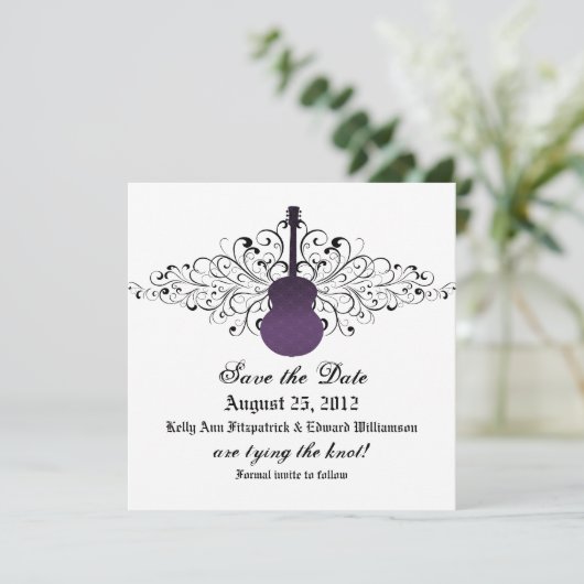 De Paarse gitaar bewaart de Datum uitnodigen Save The Date (Staand voorkant)