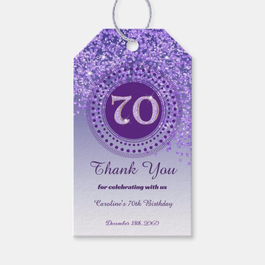 De Paarse Glitter 70ste Verjaardag Cadeaulabel (Voorkant)