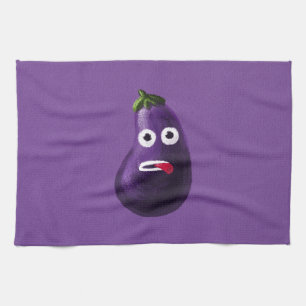 De paarse Grappige Aubergine van de Cartoon Theedoek