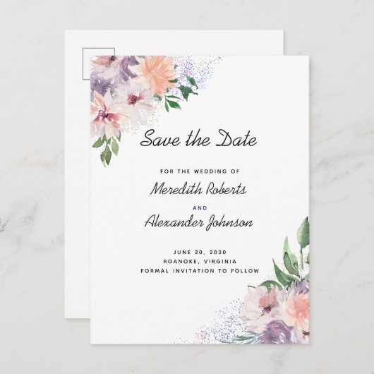 De Paarse Peach Floral QR Code bewaart de datum Aankondigingskaart (Voorkant / Achterkant)