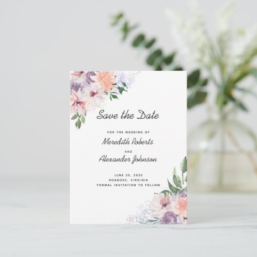 De Paarse Peach Floral QR Code bewaart de datum Aankondigingskaart (Staand voorkant)