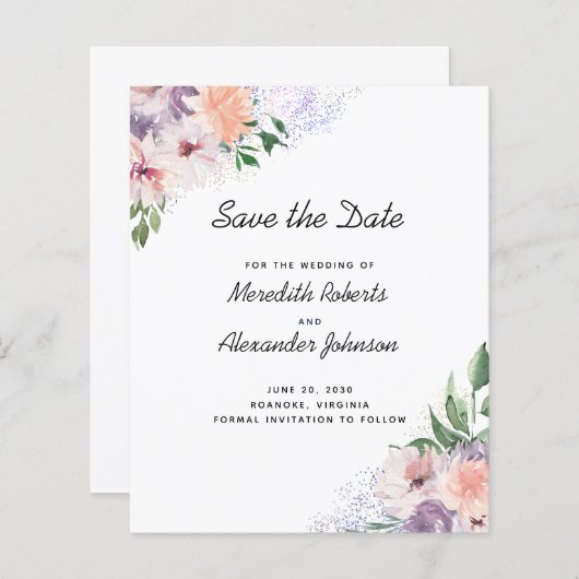 De Paarse Peach Floral QR-code sparen de datum (Voorkant / Achterkant)