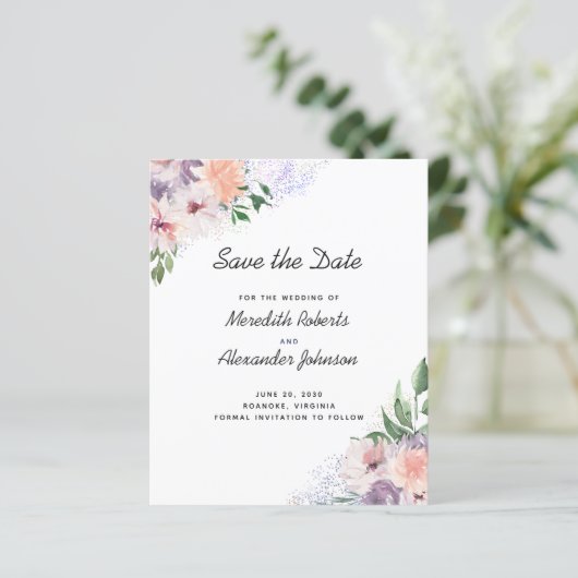 De Paarse Peach Floral QR-code sparen de datum (Staand voorkant)