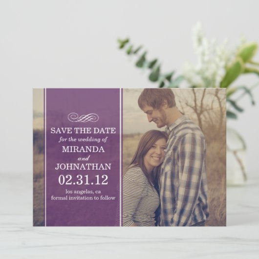 De paarse Transparante Foto sparen de Datum nodigt Save The Date (Staand voorkant)
