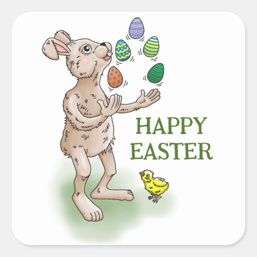 De paashaas jongleert met de paaseieren vierkante sticker (Voorkant)