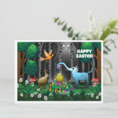 De paashaas verzamelt paaseieren feestdagenkaart (Staand voorkant)