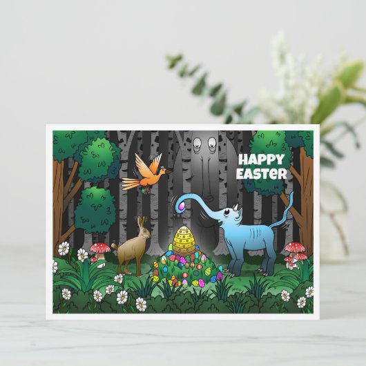 De paashaas verzamelt paaseieren feestdagenkaart (Staand voorkant)