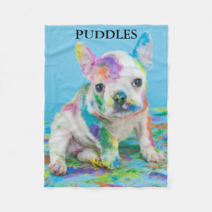 DE PAINT SPLATTERED PUPPY BLANKET PERSONALISEERDE. FLEECE DEKEN