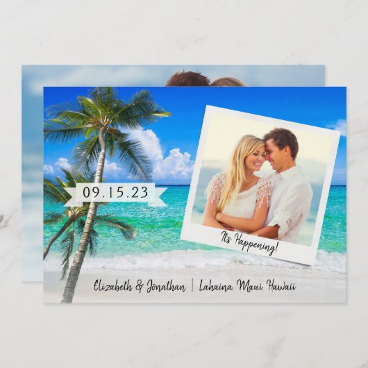 De palm van de foto's zijn het gelukkige bestemmin save the date (Voorkant / Achterkant)