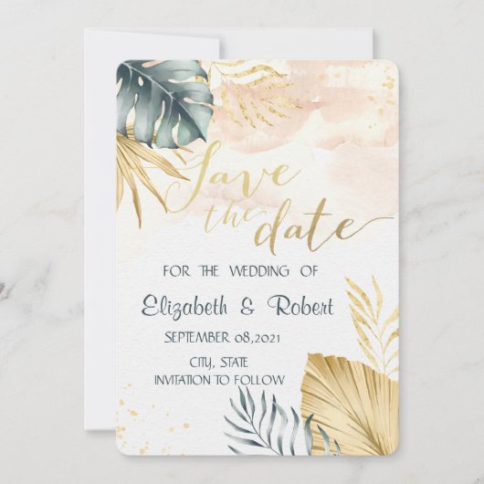 De palm verlaat Waterverf sparen de Datum Save The Date (Voorkant)