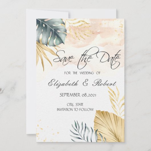 De palmbladeren slaan de datum op save the date (Voorkant)