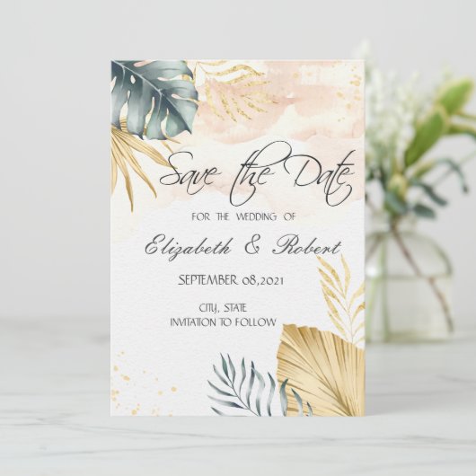 De palmbladeren slaan de datum op save the date (Staand voorkant)