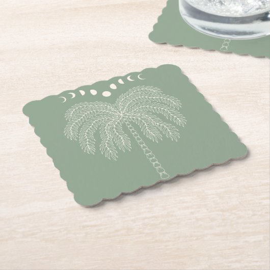 De palmboomlijn die witte groene maanfasen trekt,  kartonnen onderzetters (Gebogen)