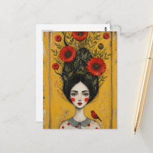 De Papaver Vrouw Mixed Media Schilderij Briefkaart