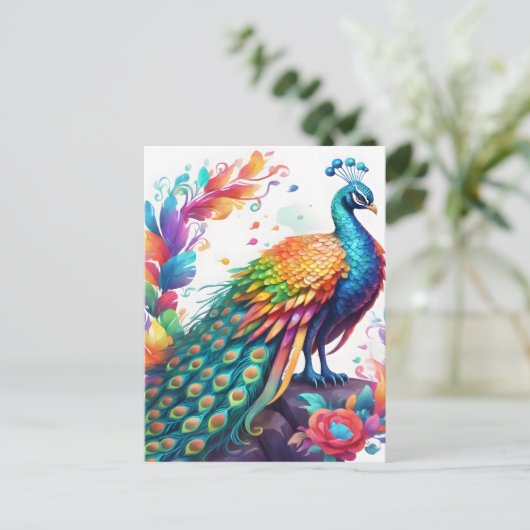 De pauw is een felgekleurde vogel die bekend is briefkaart (Staand voorkant)