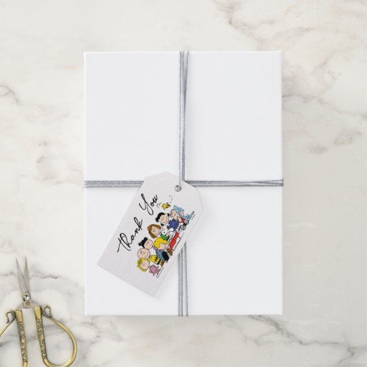 De Peanuts-bende | Baby Shower Cadeaulabel (Met Touw)