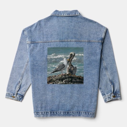 De pelikaan en zijn meeuw! jekker denim jacket (Achterkant)