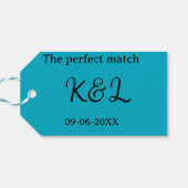 De perfect match koppel naam letter datum blauwe s cadeaulabel (Achterkant Horizontaal)