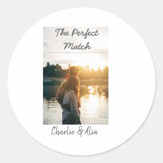De perfecte match trouwkoppel foto moderne toevoeg ronde sticker (Voorkant)