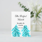 De perfecte match winter blauwe dennenboom bruilof briefkaart (Staand voorkant)