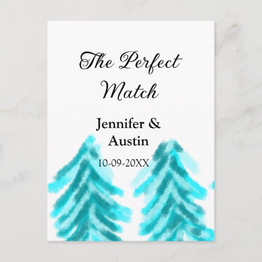De perfecte match winter blauwe dennenboom bruilof briefkaart (Voorkant)