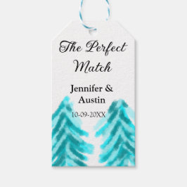 De perfecte match winter blauwe dennenboom bruilof cadeaulabel