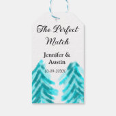 De perfecte match winter blauwe dennenboom bruilof cadeaulabel (Achterkant)