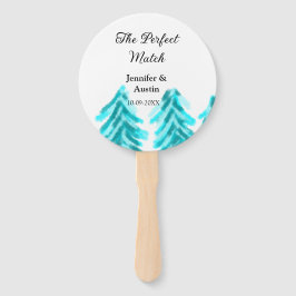 De perfecte match winter blauwe dennenboom bruilof handwaaier