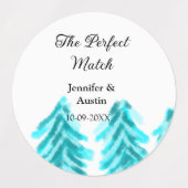 De perfecte match winter blauwe dennenboom bruilof labels (Design 2)