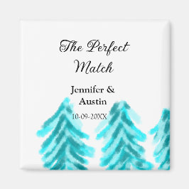 De perfecte match winter blauwe dennenboom bruilof magneet