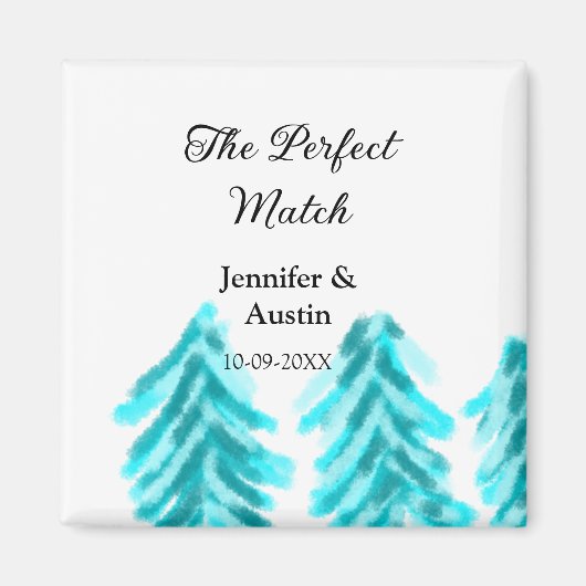 De perfecte match winter blauwe dennenboom bruilof magneet (Voorkant)