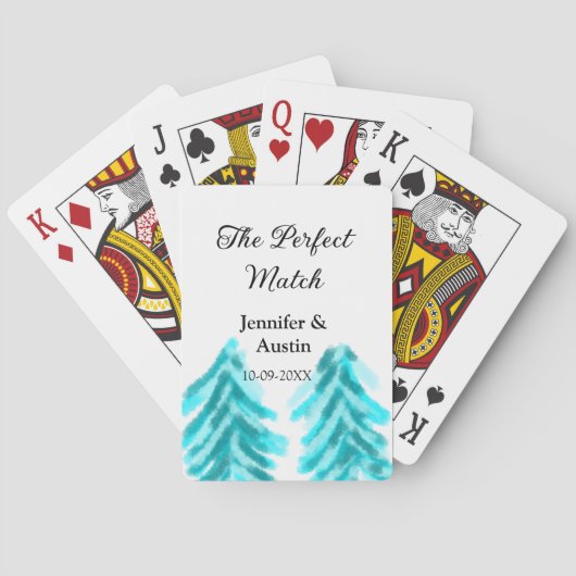 De perfecte match winter blauwe dennenboom bruilof pokerkaarten (Achterkant)