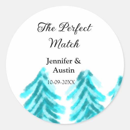 De perfecte match winter blauwe dennenboom bruilof ronde sticker (Voorkant)