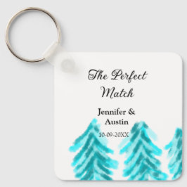 De perfecte match winter blauwe dennenboom bruilof sleutelhanger